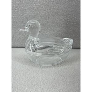 Vtg Clear Glass Crystal Duck Lidded Trinket Dish Candy Bowl Vanity Decor